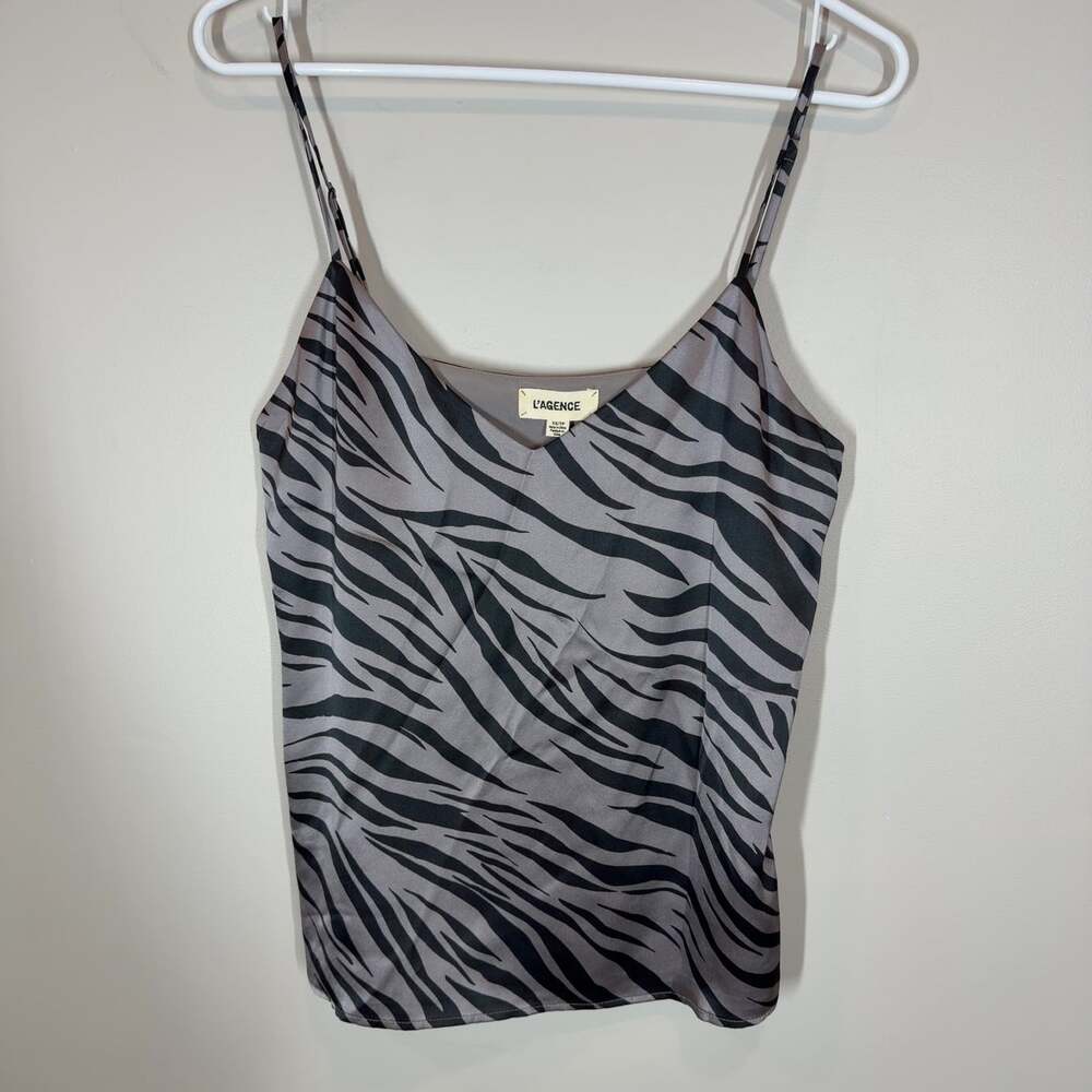 L'Agence Silk Camisole Top Women's XS/TP Grey Black Zebra Print Lightweight